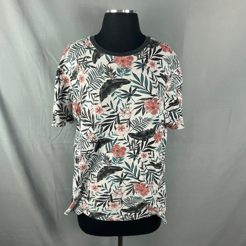 Free Planet T Shirt Womens Large Multi Tropical Floral Organic Cotton Crew Neck